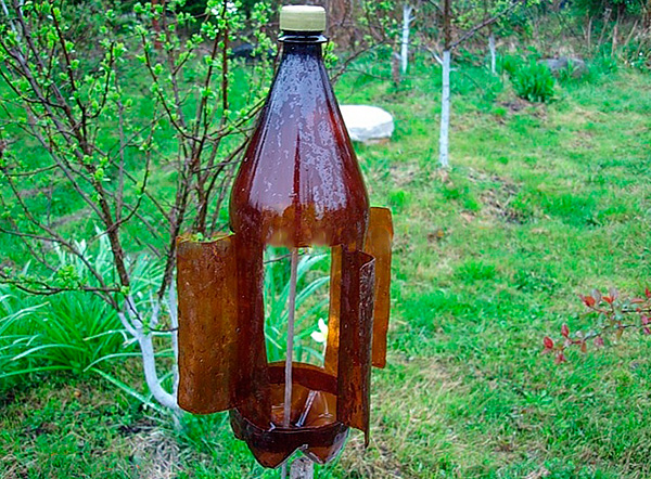 La photo montre un exemple de plaque tournante taupe faite à la maison à partir d'une bouteille en plastique ordinaire.