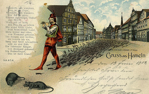 Hameln Pied Piper est un personnage d'une légende médiévale qui, avec l'aide de jouer le mec, a fait sortir tous les rats de la ville.
