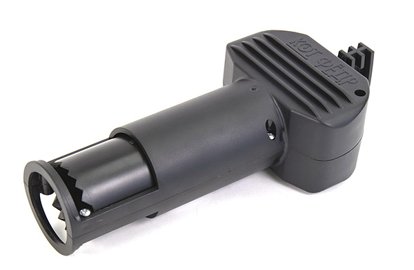 Le corps du piège est en plastique gris.